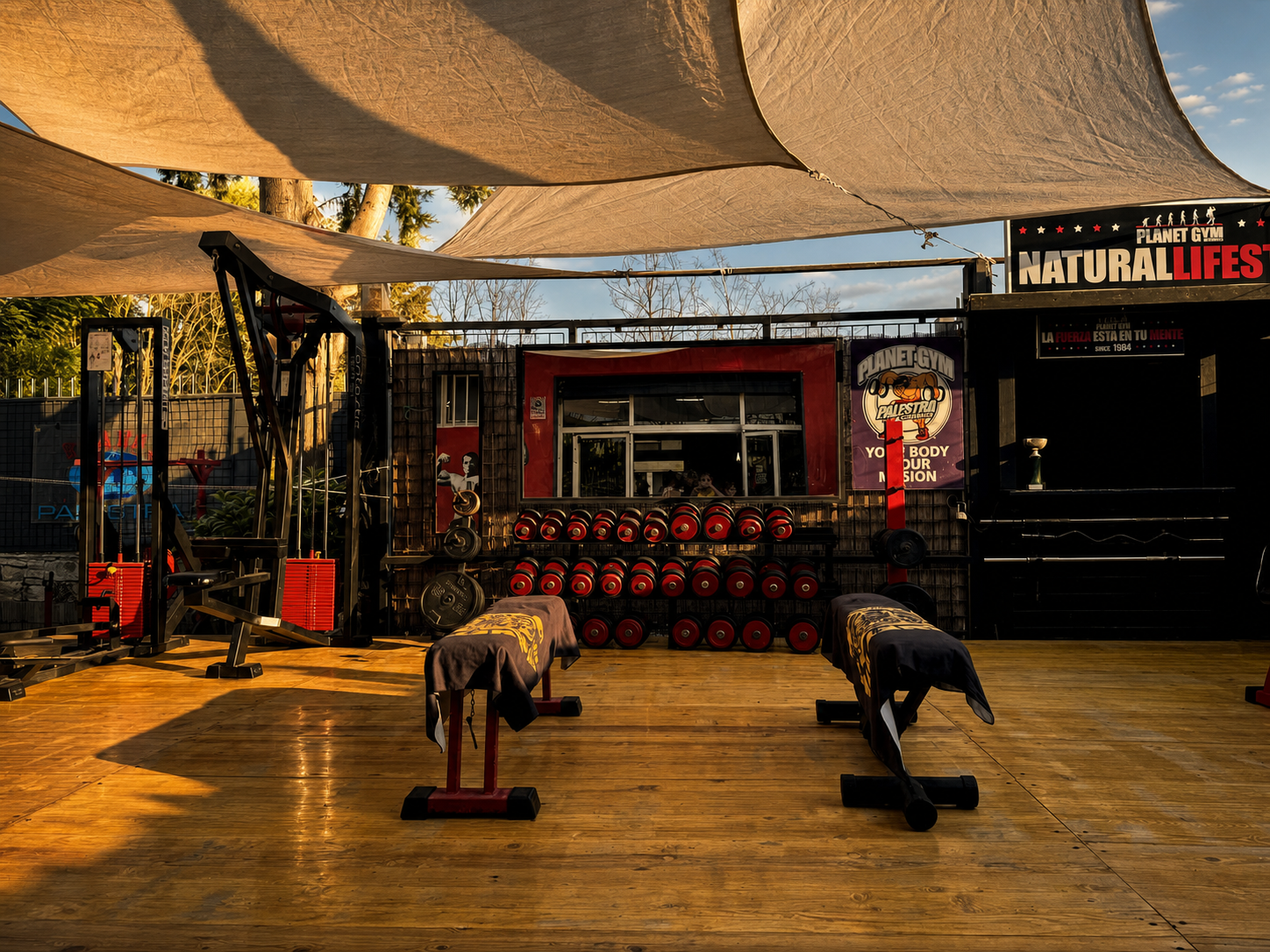Planet Gym — sala allenamento outdoor con rastrelliera di manubri