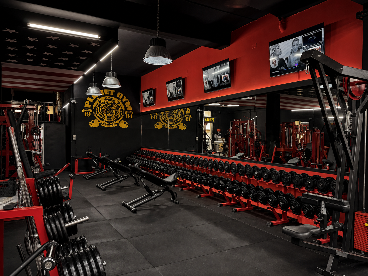 Planet Gym — sala manubri con parete Planet Gym