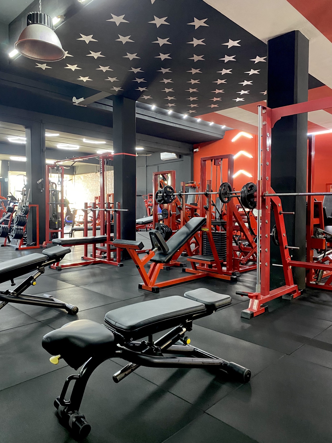 Planet Gym — area forza con rack, panche e soffitto a stelle